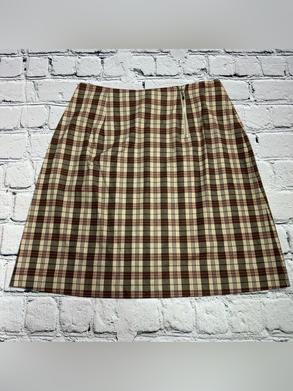Vtg Isabel Ardee Mini Skirt Preppy Brown & Tan Plaid Front Zipper Accent Size 4